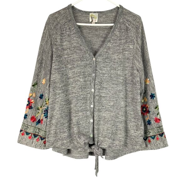 Fig and Flower Gray Button Up V-Neck Cardigan Size XL Floral Embroidered - Picture 1 of 5